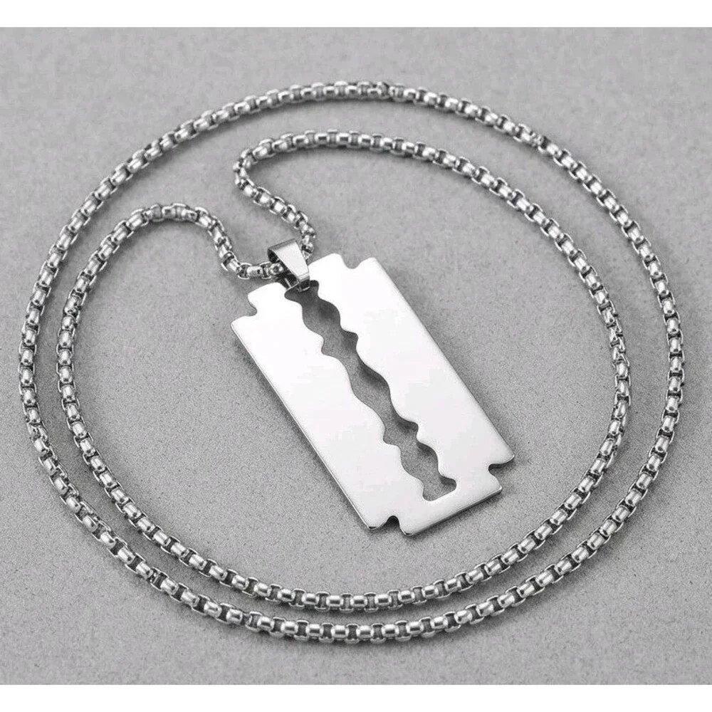 Stainless Steel Razor Blade Pendant Necklace Mens Hip Hop Punk Chain Silver Tone